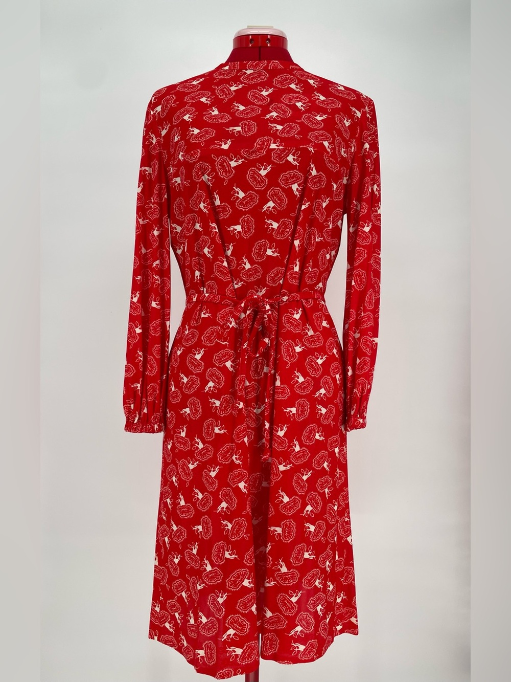 60s 70s Red & White Novelty Hand Print Mod Belted Long Sleeve Casual Day Dress